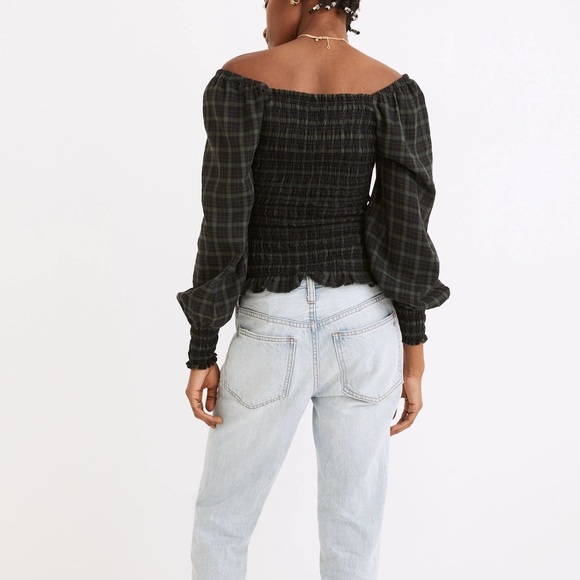 Madewell Lucie Bubble-Sleeve Smocked Top in Plaid, size L - Picture 2 of 9